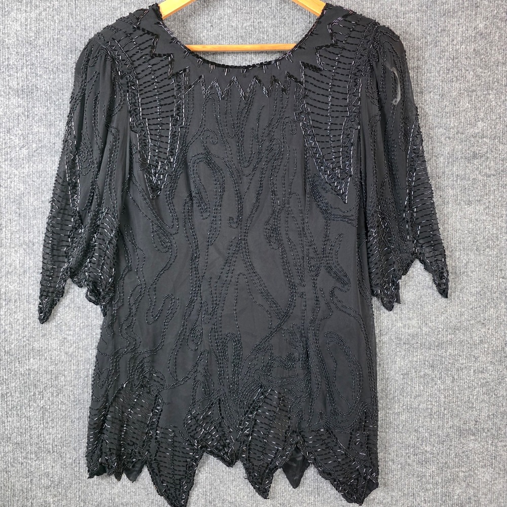 Vintage Peak Beaded Silk Top Jagged Hem Goth Vamp Shoulder Pads Black Size 12